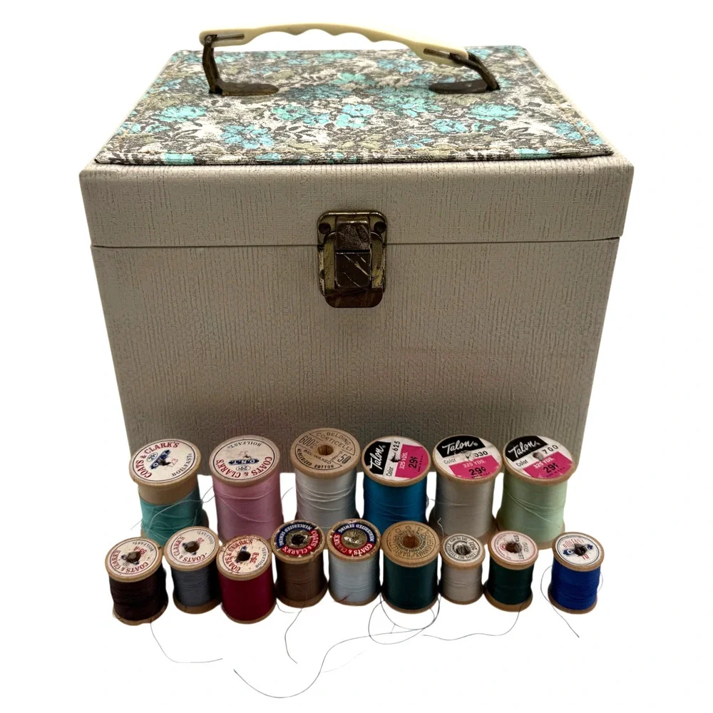 Vintage Square Sewing Box + 15 Wooden Spools Floral Top Handle Carrying Case MCM